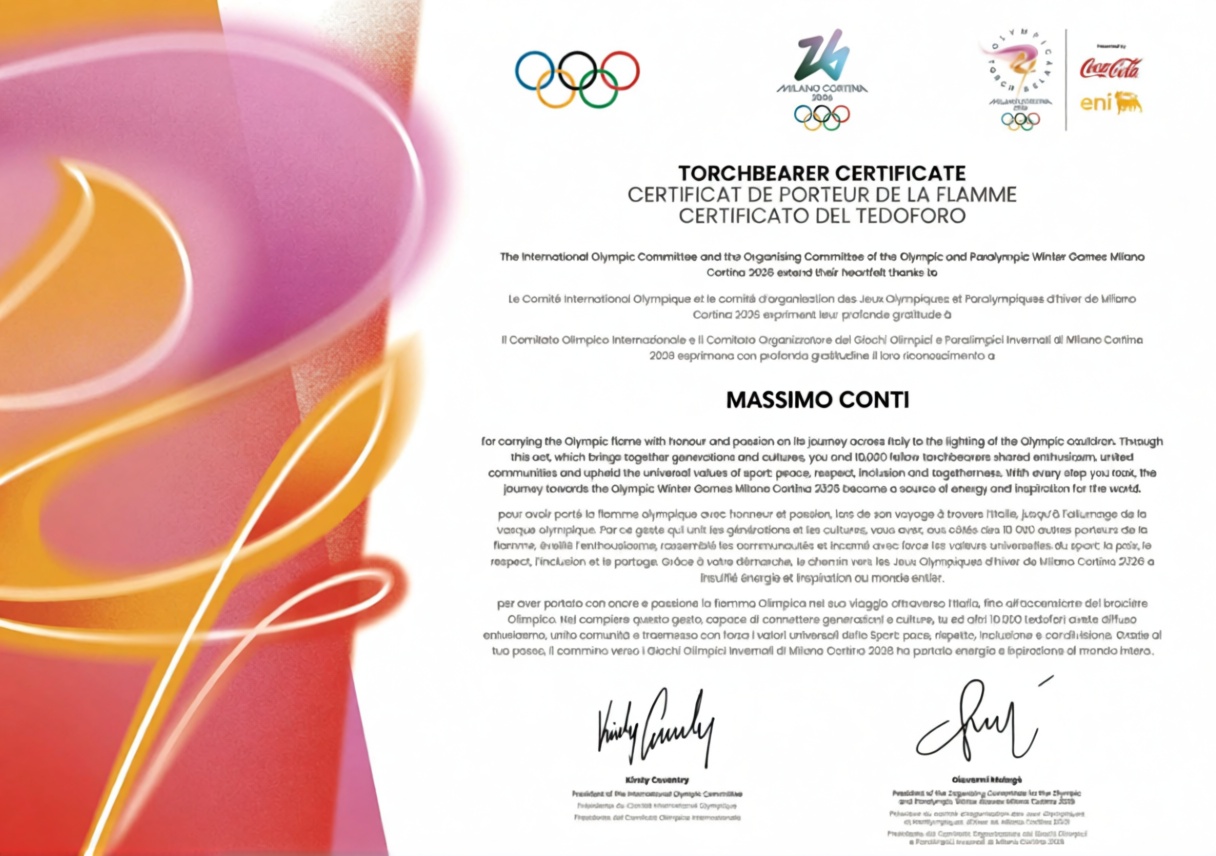 Certificato ufficiale di tedoforo intestato a Massimo Conti